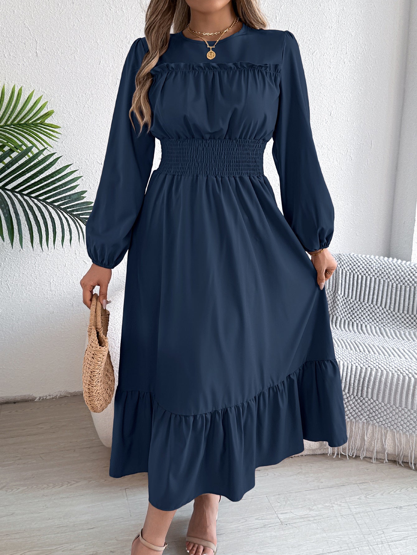 Solid Color Stringy Cinched Pleated Long Dress