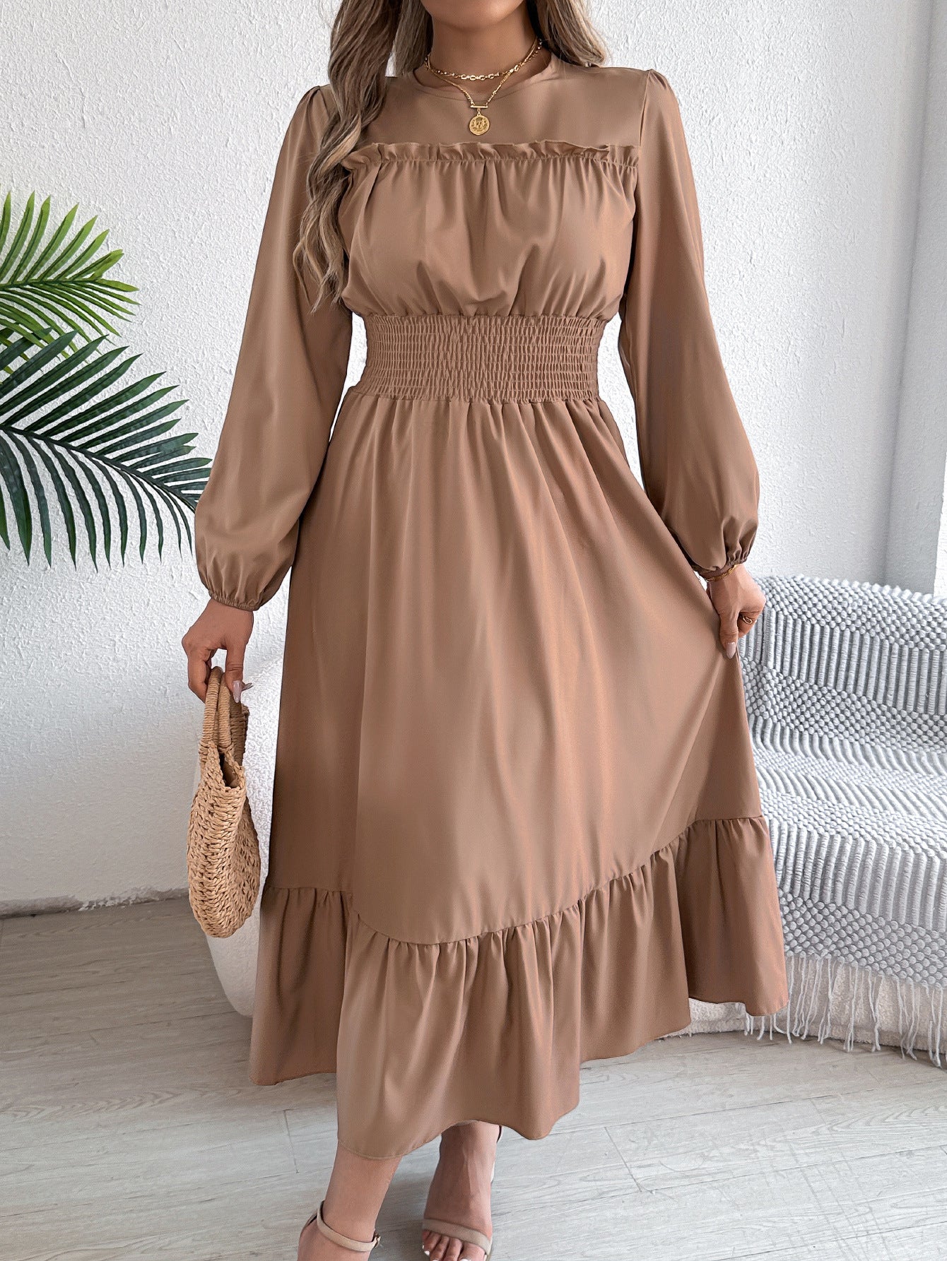 Solid Color Stringy Cinched Pleated Long Dress