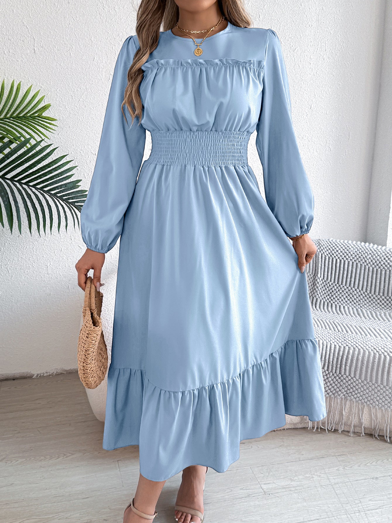 Solid Color Stringy Cinched Pleated Long Dress