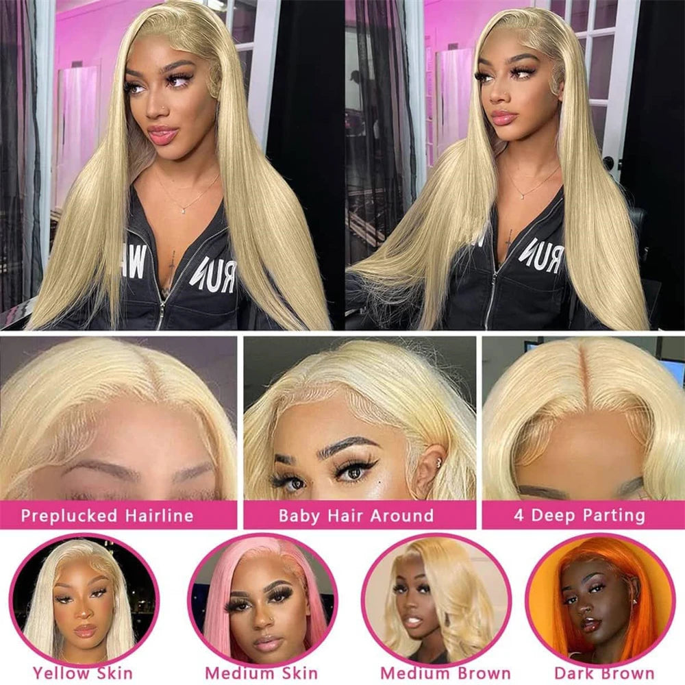 Perruque brésilienne en cheveux humains blonds et raides avec dentelle sur le devant