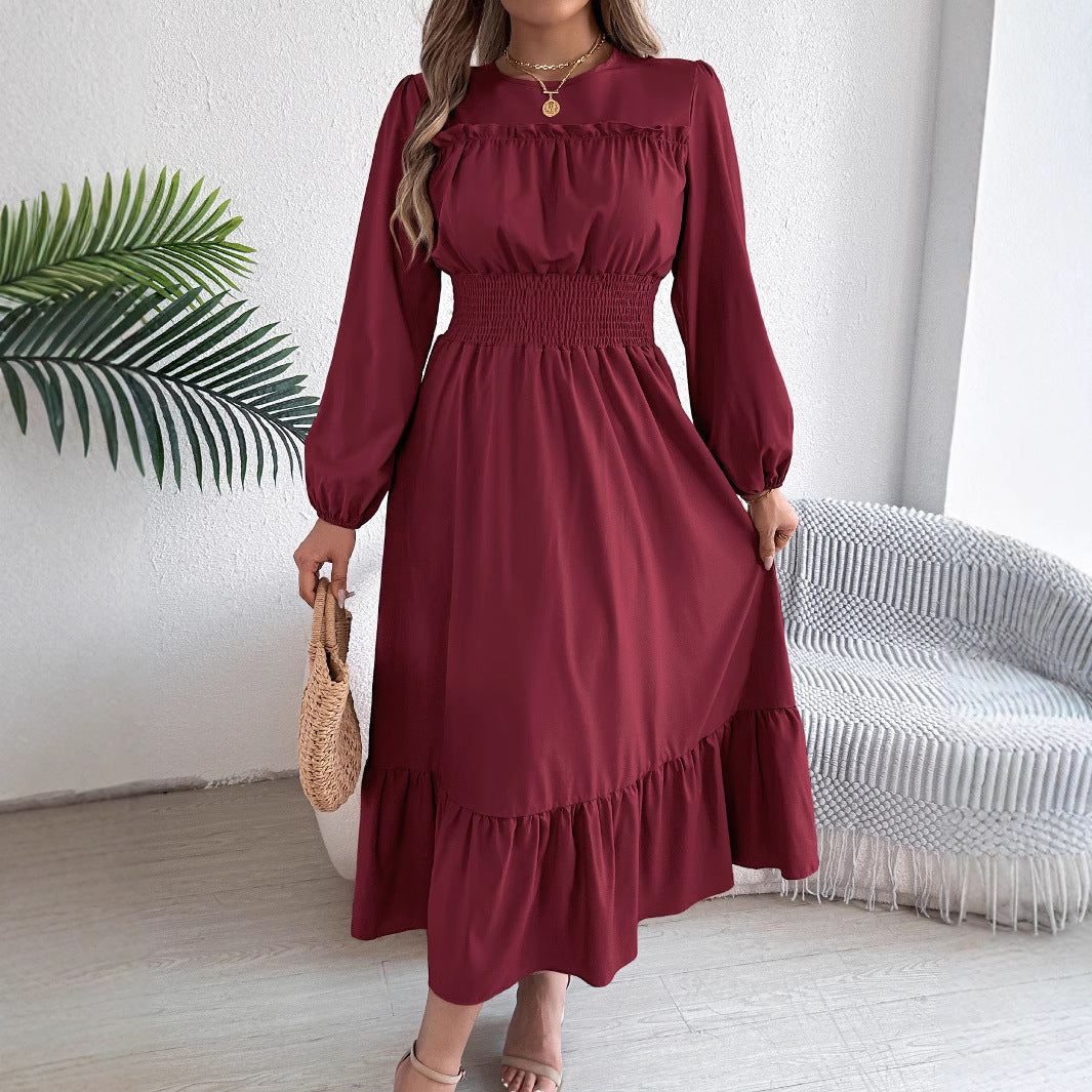 Solid Color Stringy Cinched Pleated Long Dress