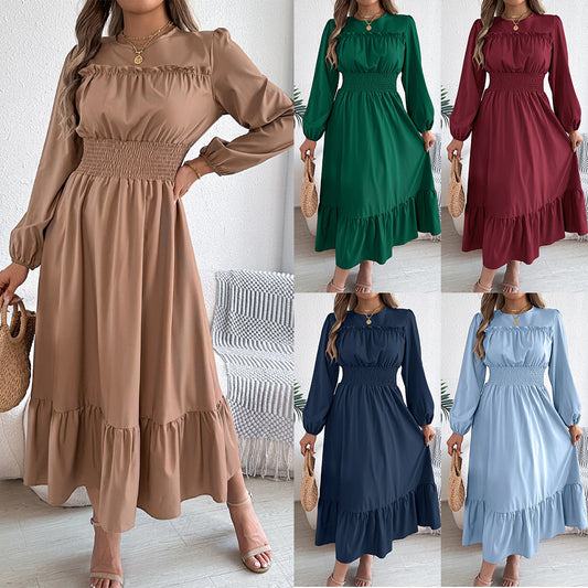 Solid Color Stringy Cinched Pleated Long Dress