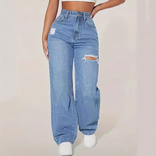 Ladies Washed Hole Denim Trousers