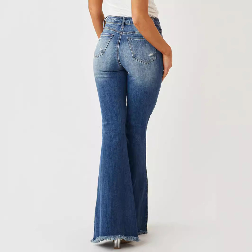 Ladies Mid-waist Slim Fit Stretch Retro Bell-bottom Pants Jeans