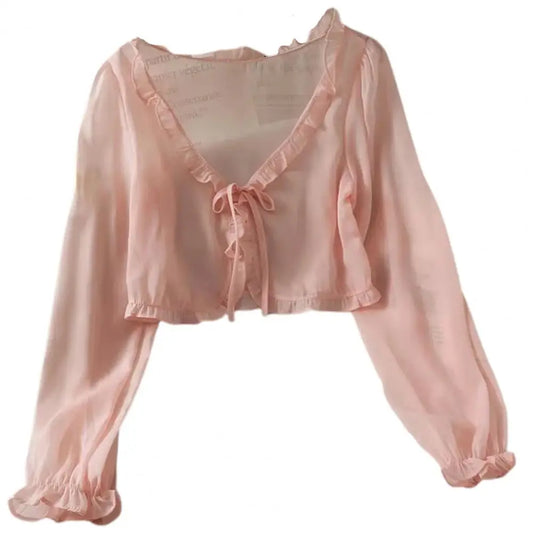 Cardigan décontracté en mousseline fine avec nœud en dentelle et protection solaire