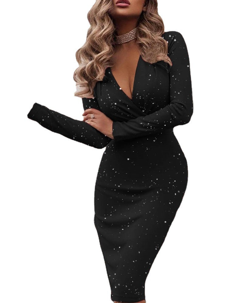 Long-sleeved Sequined Tight-fitting Dress
