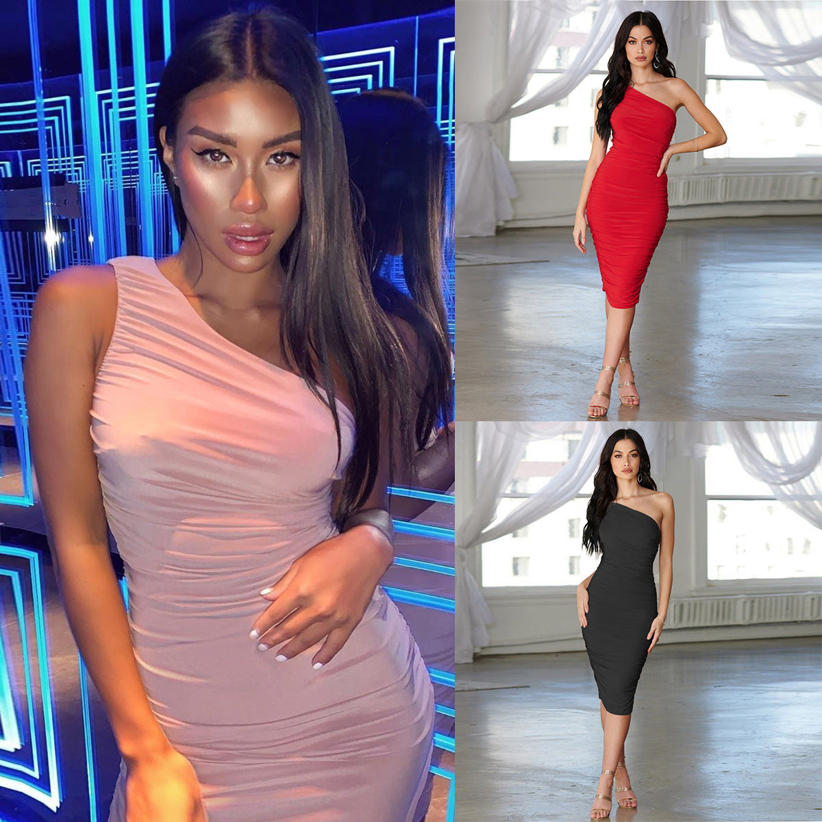 Women's One Shoulder Pleated Hip Slim Dress