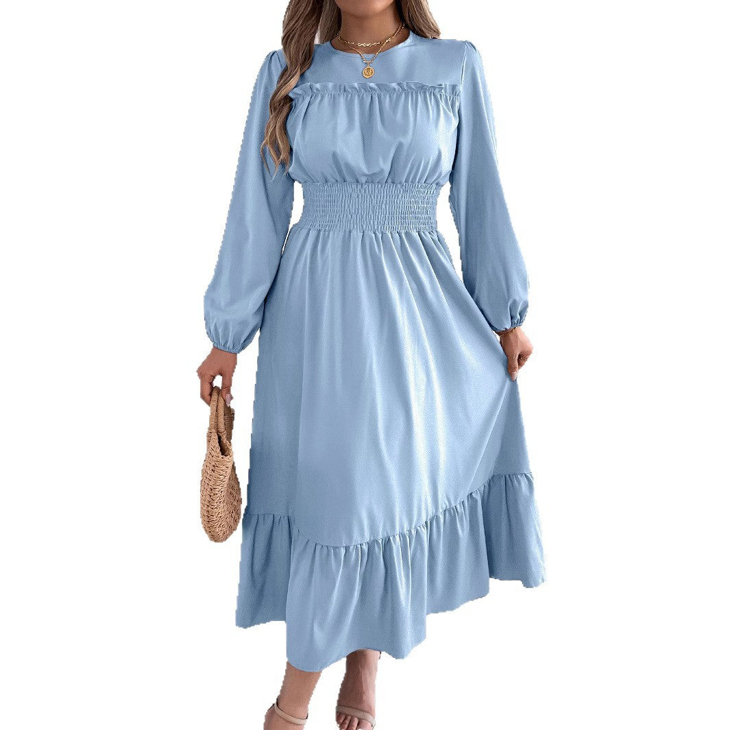 Solid Color Stringy Cinched Pleated Long Dress