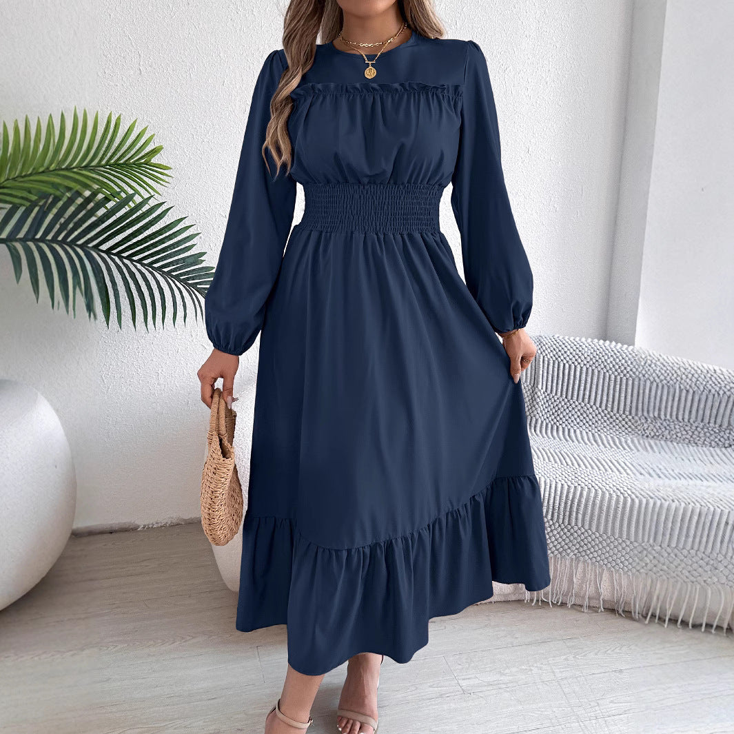 Solid Color Stringy Cinched Pleated Long Dress