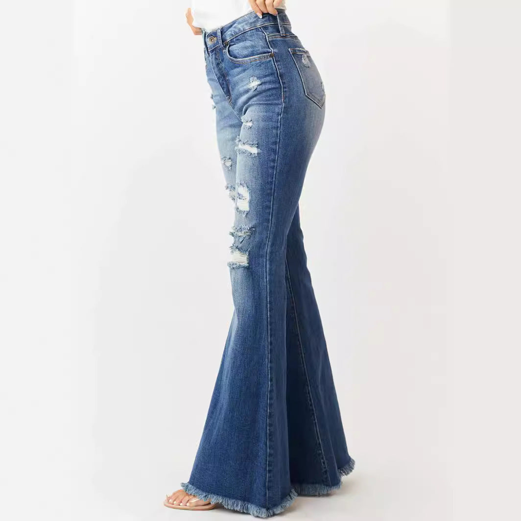 Ladies Mid-waist Slim Fit Stretch Retro Bell-bottom Pants Jeans