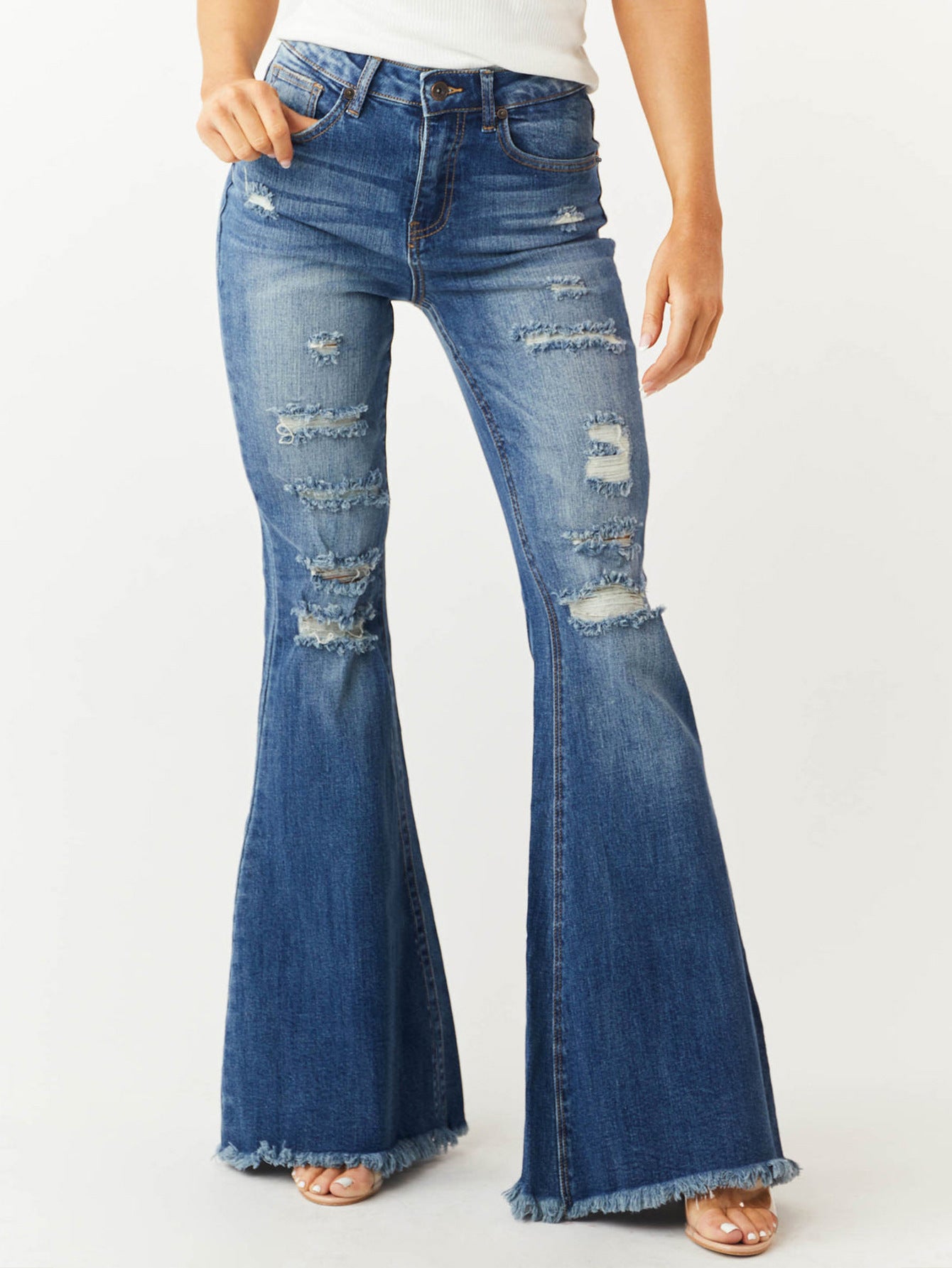 Ladies Mid-waist Slim Fit Stretch Retro Bell-bottom Pants Jeans