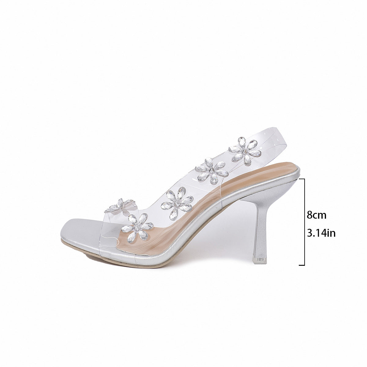 Escarpins à talons hauts à bout carré et bride transparente en strass