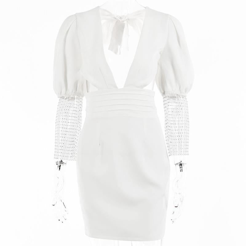 V-Neck Mesh Diamond Pack Hip Waist Dress