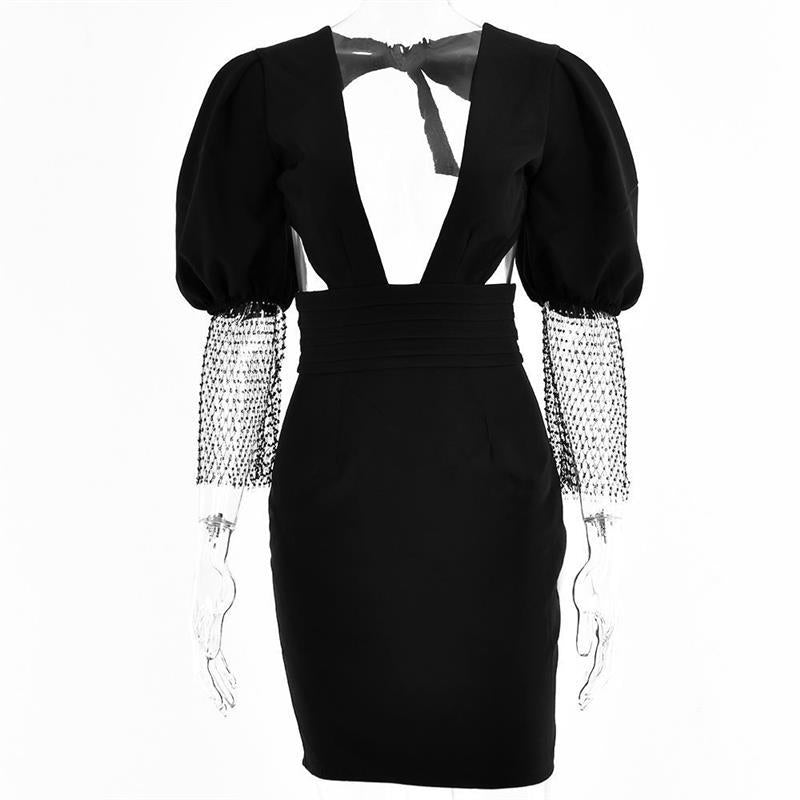 V-Neck Mesh Diamond Pack Hip Waist Dress