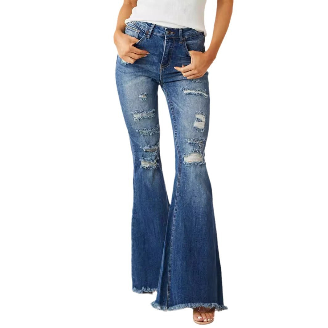 Ladies Mid-waist Slim Fit Stretch Retro Bell-bottom Pants Jeans