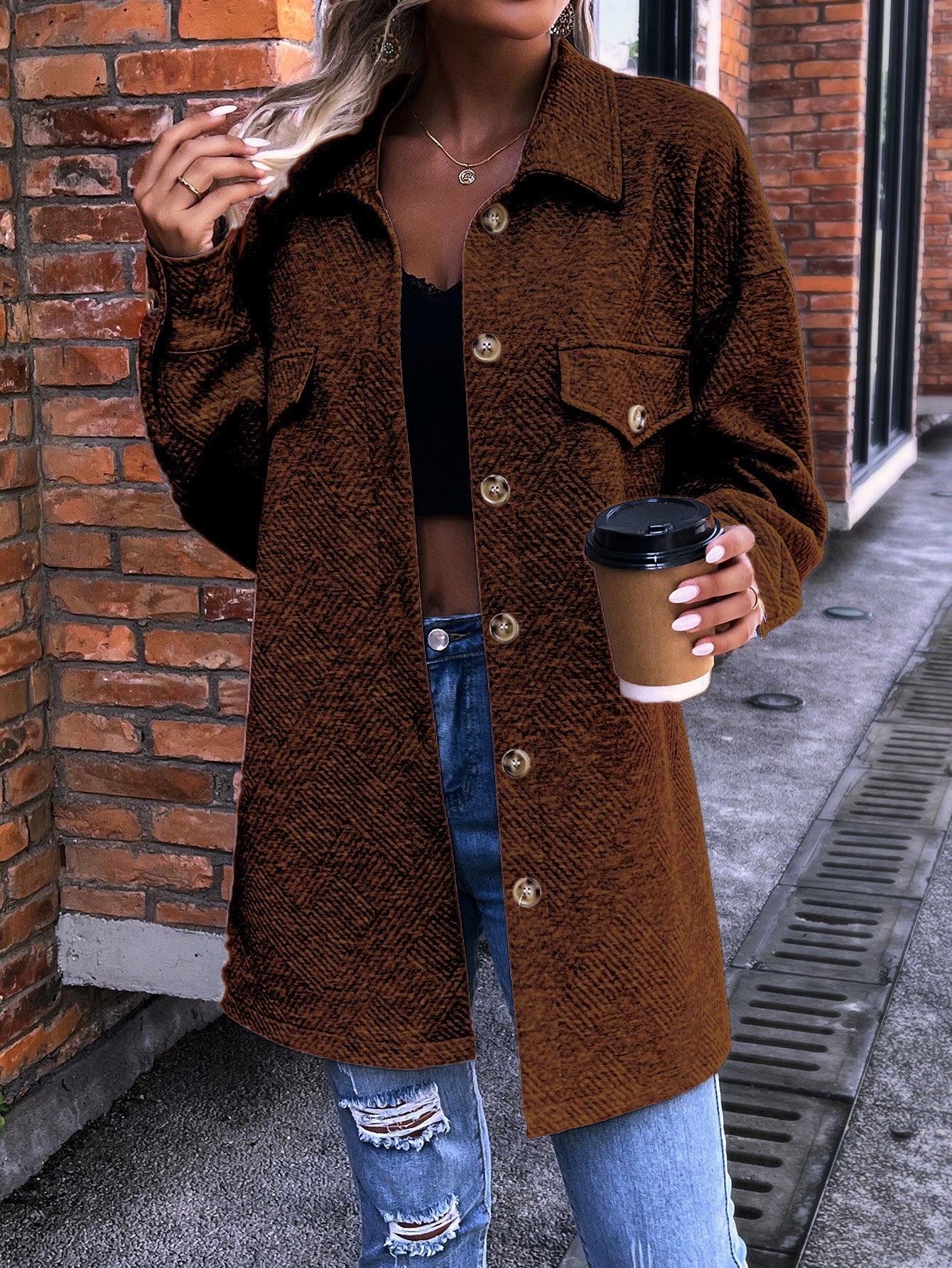 New Polo Collar Button Coat Jacket Women
