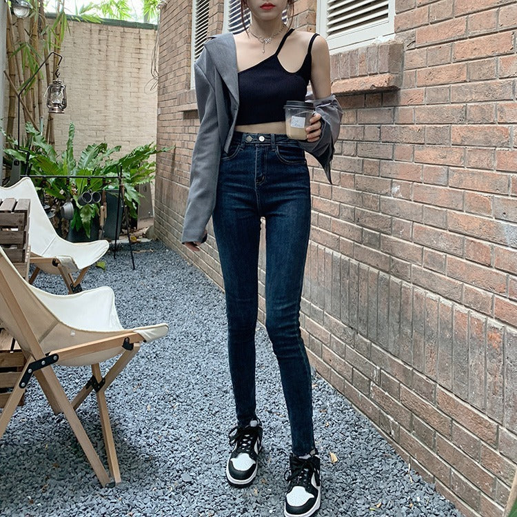 High-waist Stretch Dark Jeans Women's Trendy Two-button Trousers