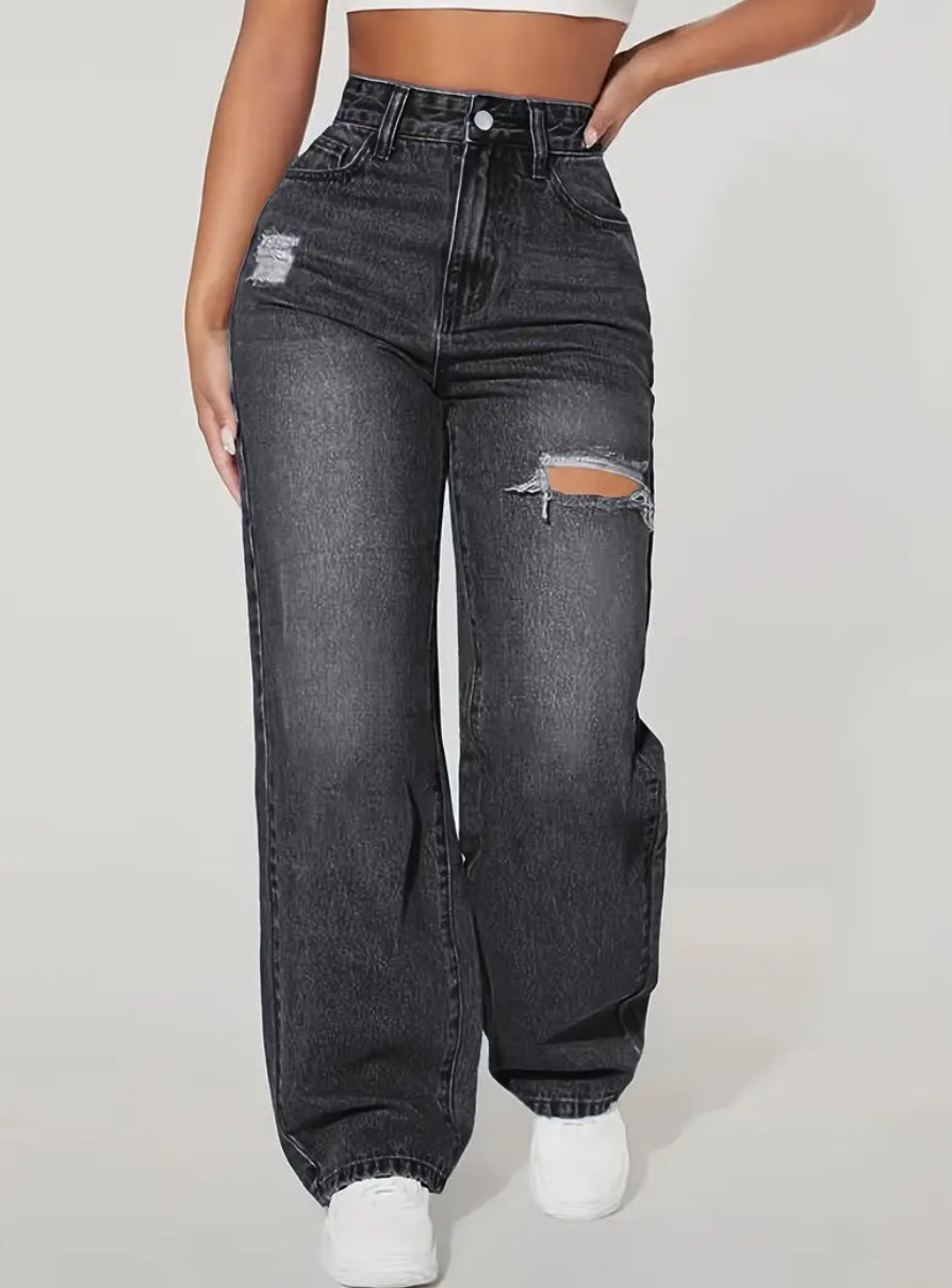Ladies Washed Hole Denim Trousers
