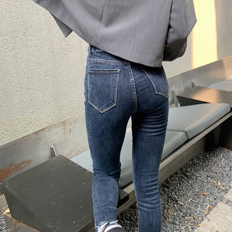 High-waist Stretch Dark Jeans Women's Trendy Two-button Trousers