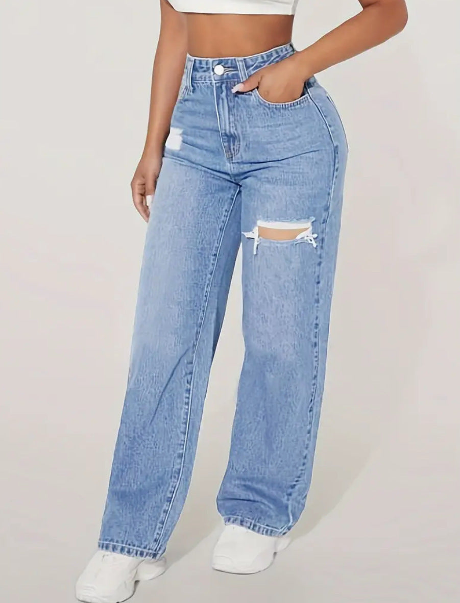 Ladies Washed Hole Denim Trousers