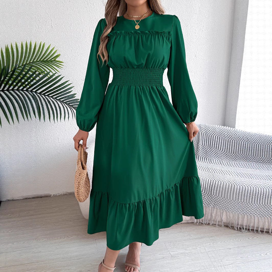 Solid Color Stringy Cinched Pleated Long Dress