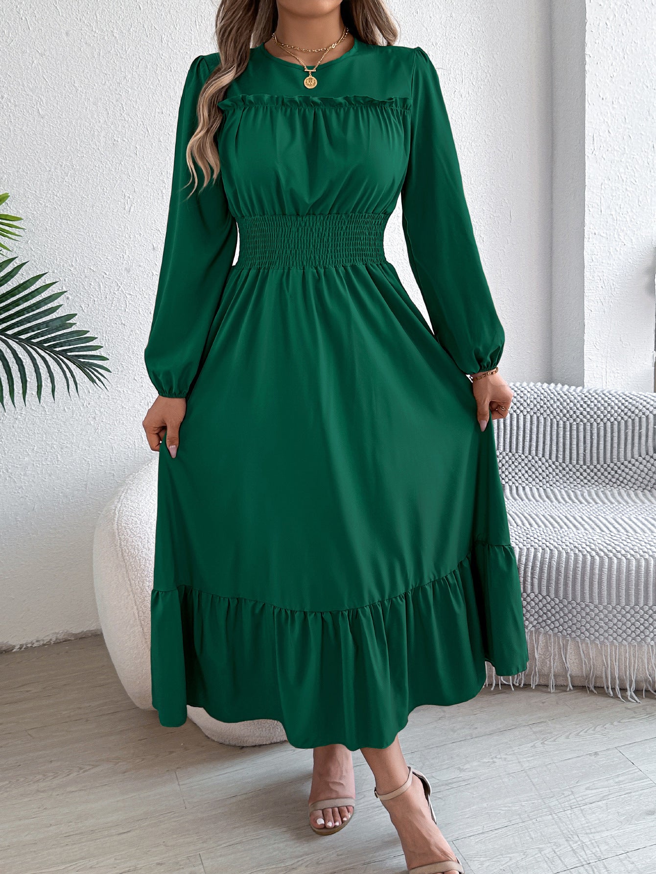 Solid Color Stringy Cinched Pleated Long Dress