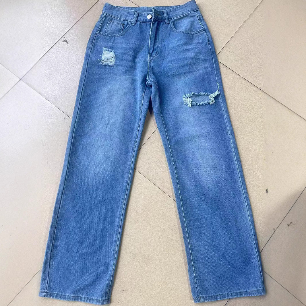 Ladies Washed Hole Denim Trousers