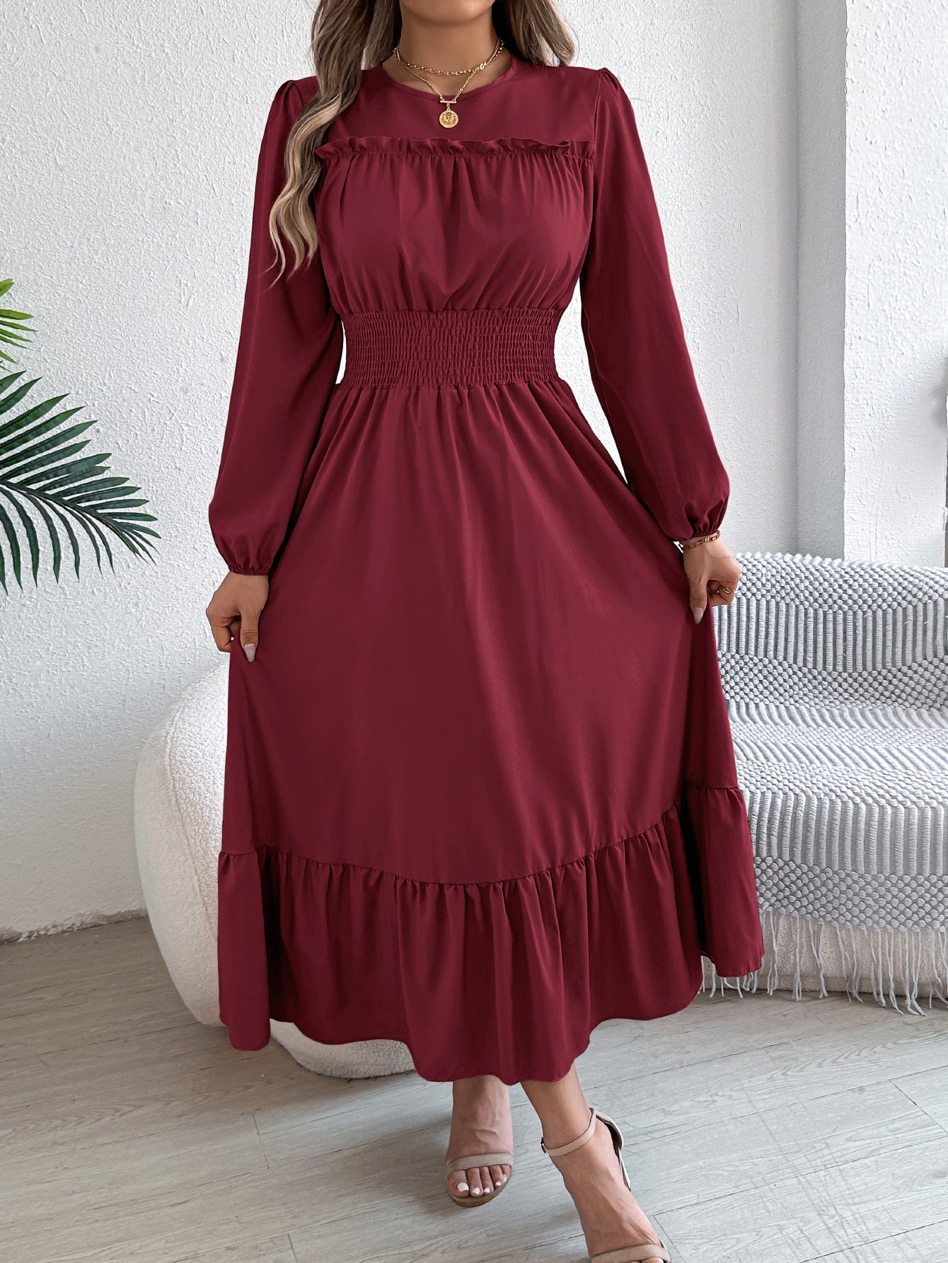 Solid Color Stringy Cinched Pleated Long Dress