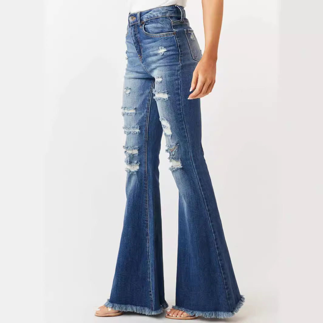 Ladies Mid-waist Slim Fit Stretch Retro Bell-bottom Pants Jeans