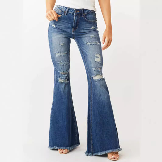 Ladies Mid-waist Slim Fit Stretch Retro Bell-bottom Pants Jeans