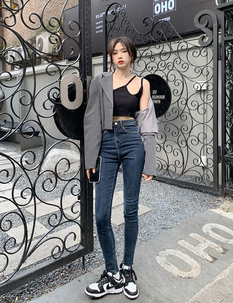 High-waist Stretch Dark Jeans Women's Trendy Two-button Trousers