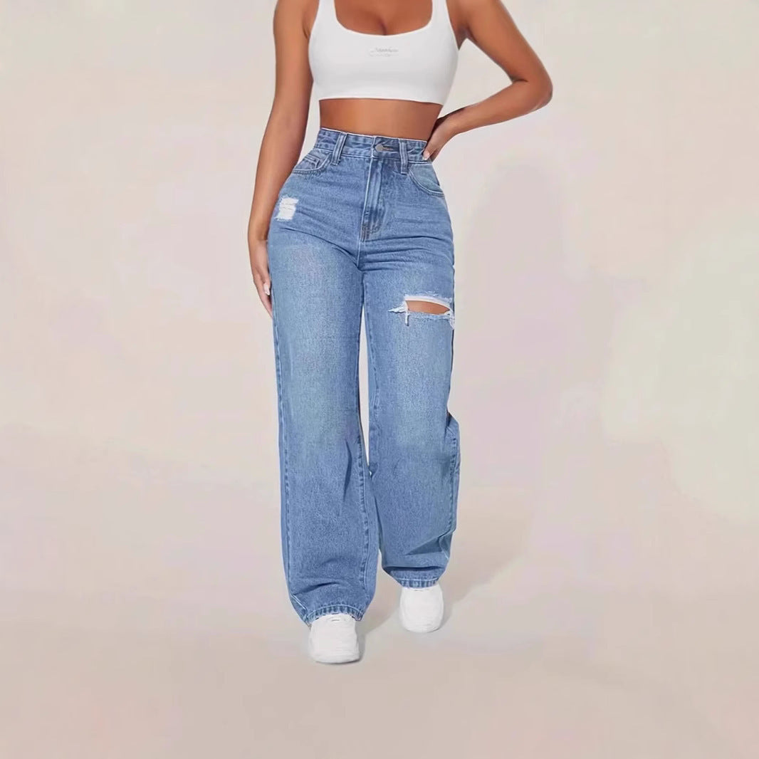 Ladies Washed Hole Denim Trousers