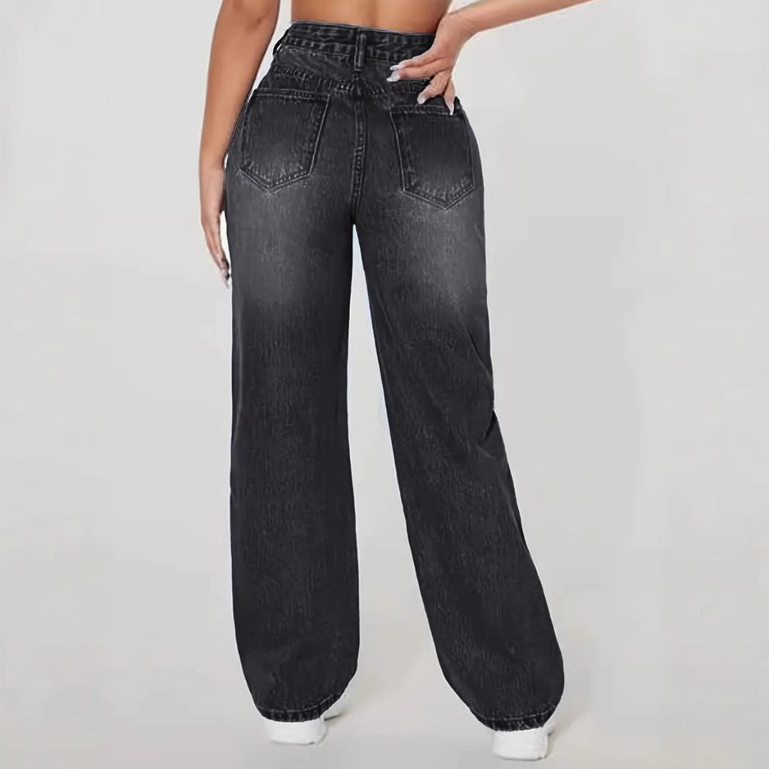 Ladies Washed Hole Denim Trousers