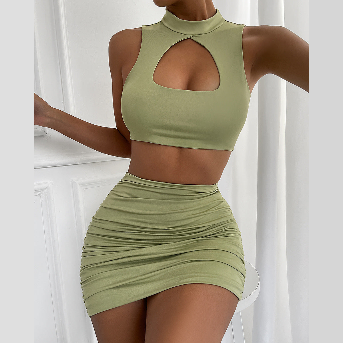 Hollow Vest ;Open Back Pleated Two-piece Set
