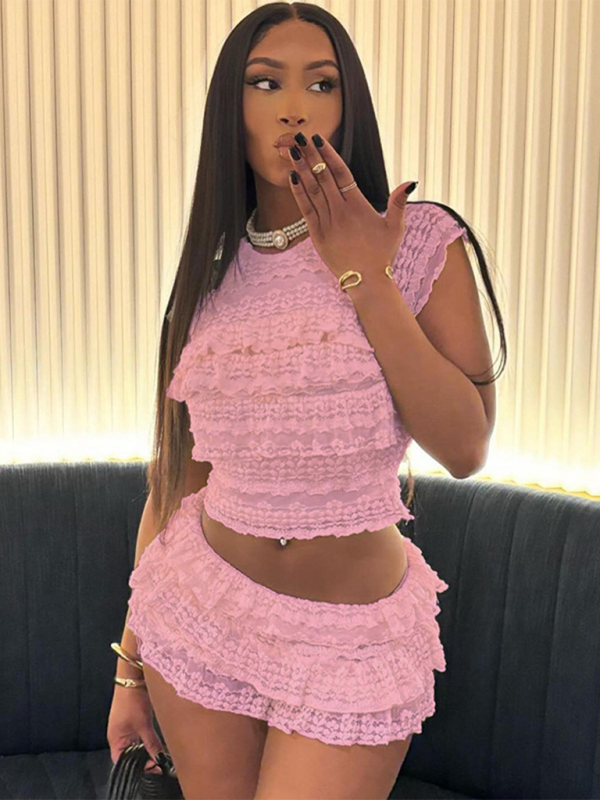 Sweet hot girl hollow slim pleated suit set