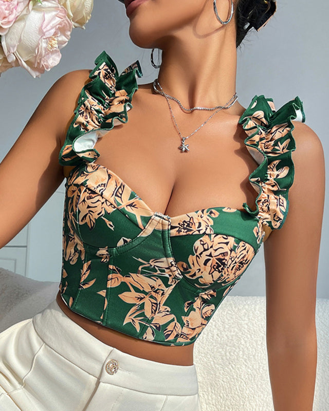 New V-neck sexy flower print, fishbone, slimming and beautiful back strap top
