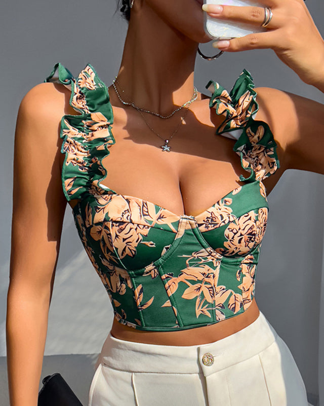 New V-neck sexy flower print, fishbone, slimming and beautiful back strap top