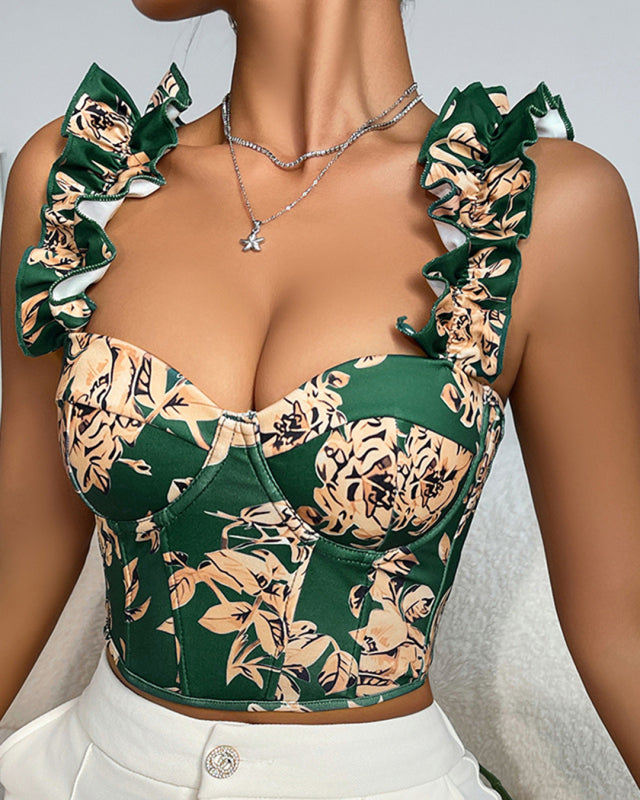 New V-neck sexy flower print, fishbone, slimming and beautiful back strap top
