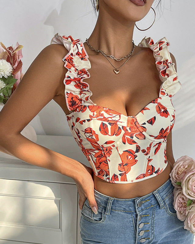 New V-neck sexy flower print, fishbone, slimming and beautiful back strap top