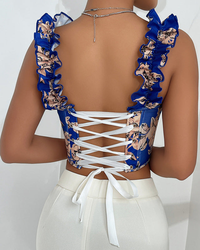 New V-neck sexy flower print, fishbone, slimming and beautiful back strap top