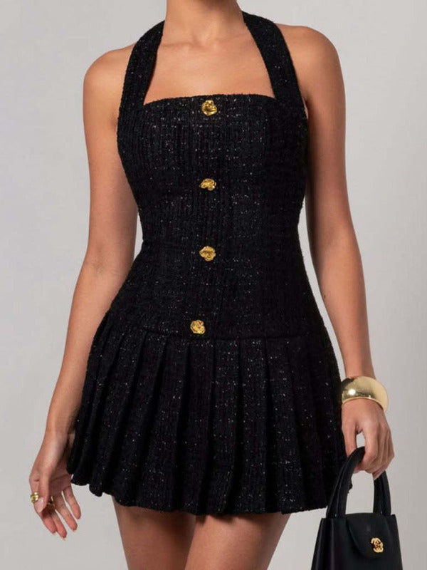 New Adjustable Gold Buckle Halter Neck Braided Pleated Dress