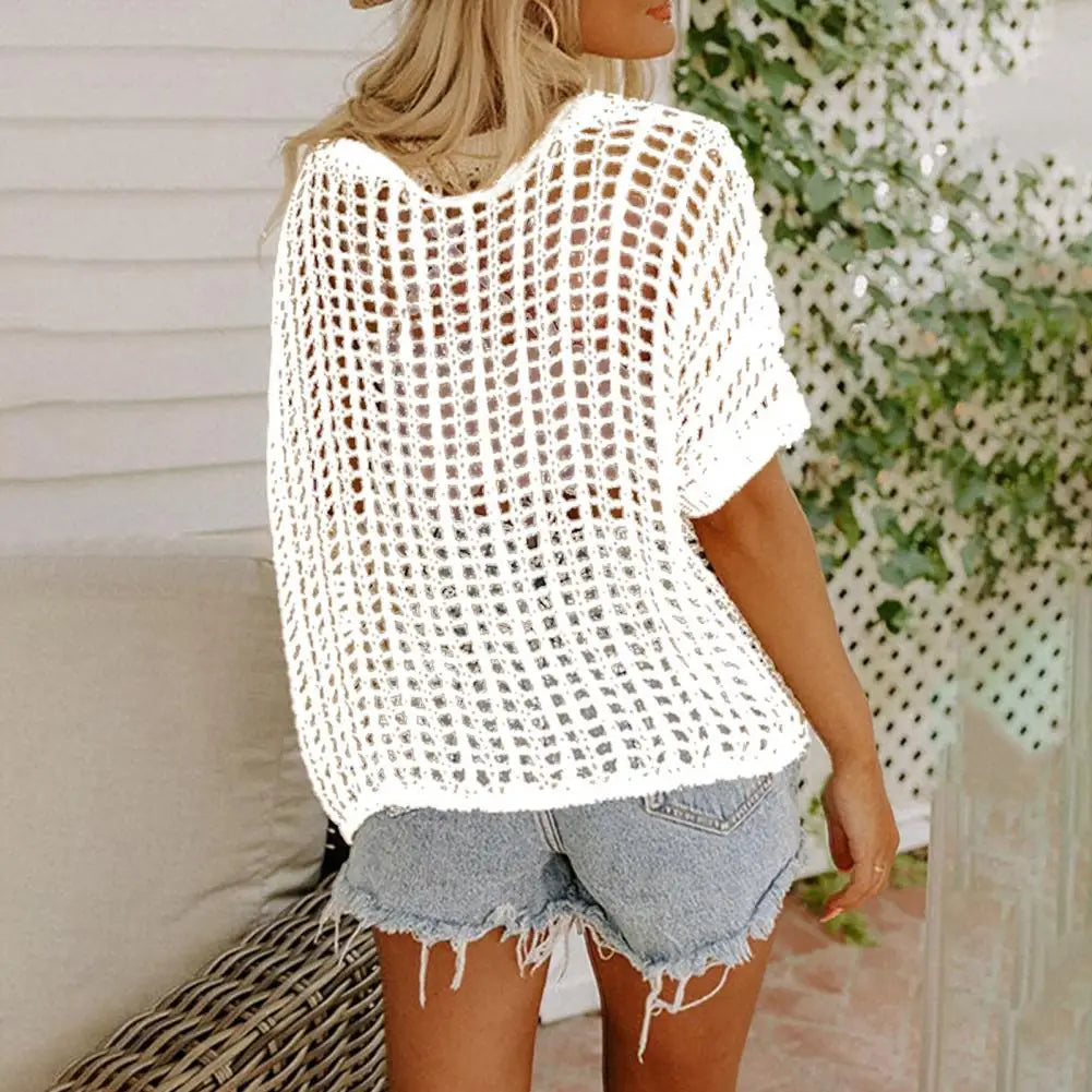 Short Sleeve See-through Crochet Hollow Knit Sweater