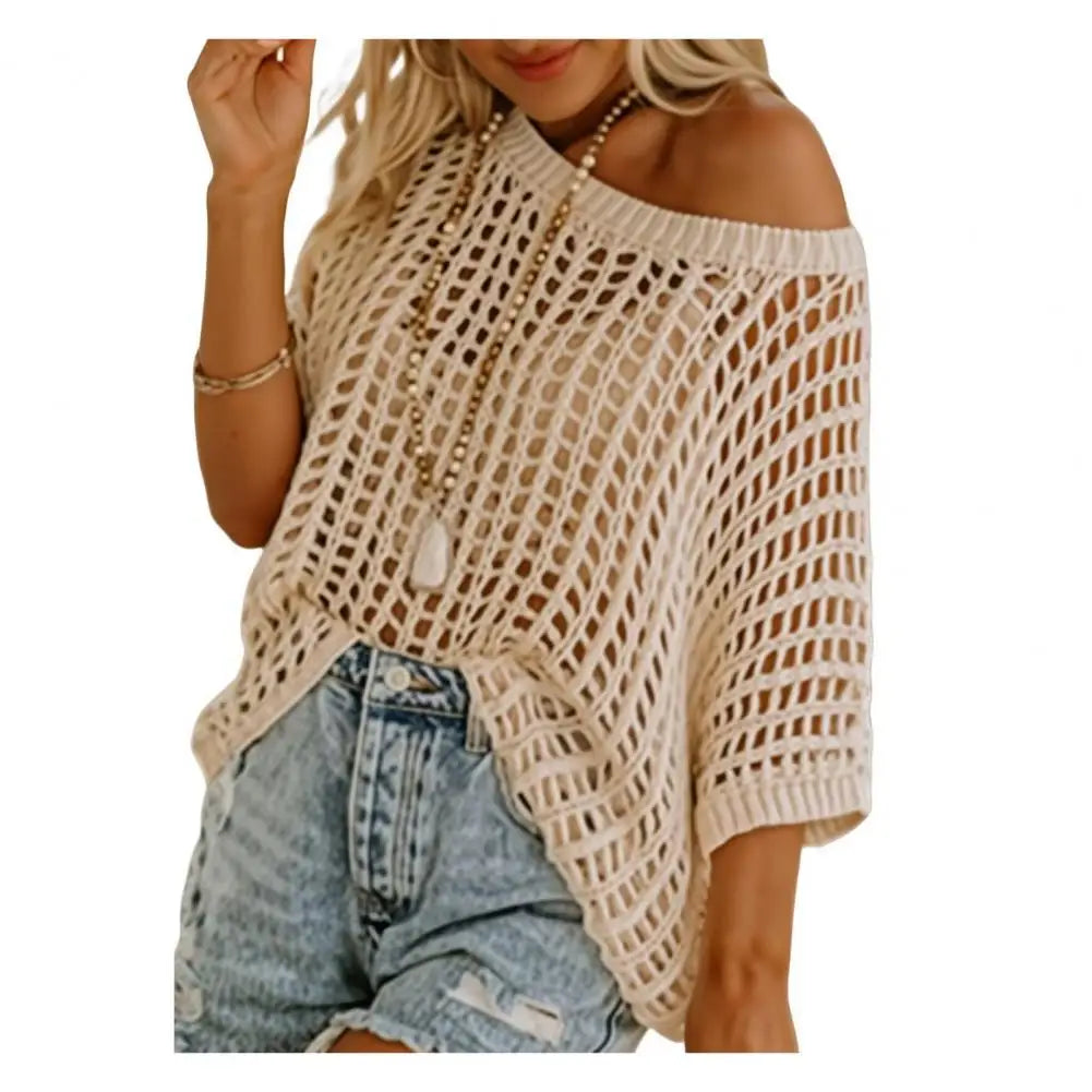 Short Sleeve See-through Crochet Hollow Knit Sweater