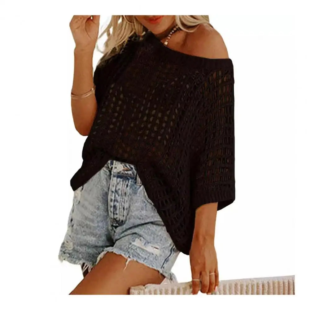 Short Sleeve See-through Crochet Hollow Knit Sweater