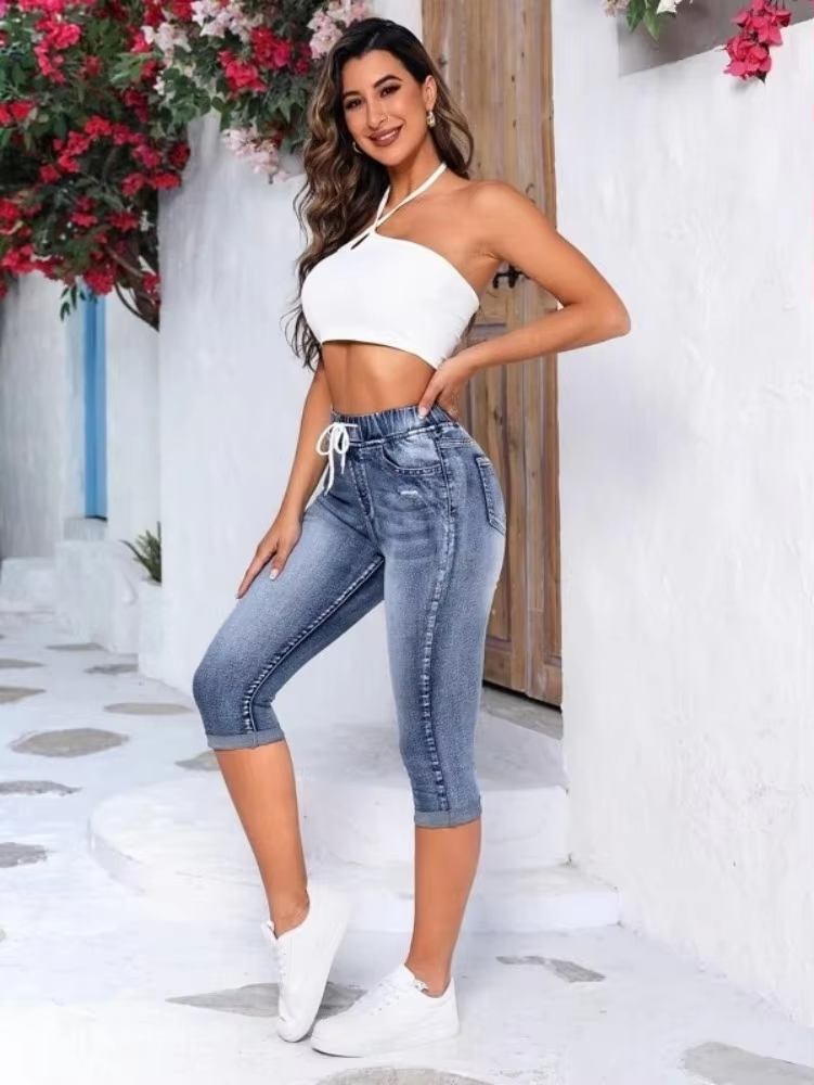 Elastic Waist High Stretch Denim Pants