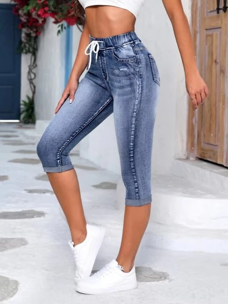 Elastic Waist High Stretch Denim Pants