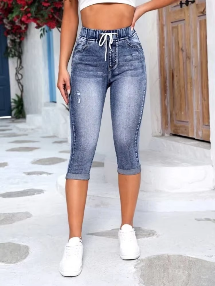 Elastic Waist High Stretch Denim Pants