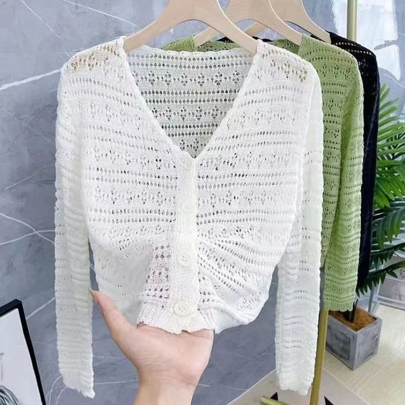 Beige Hollow Out Flower Knitted Cardigan