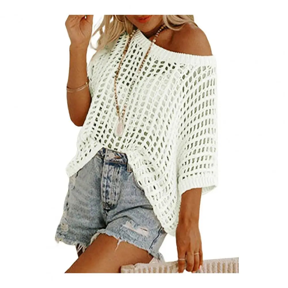 Short Sleeve See-through Crochet Hollow Knit Sweater