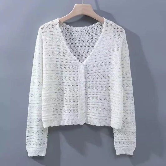 Beige Hollow Out Flower Knitted Cardigan